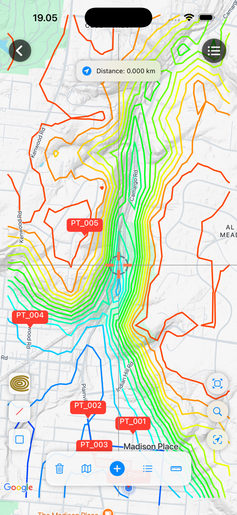 UTM Geo Map Y2Tech - UTM Geo Map interface showing topographical contour lines and survey points