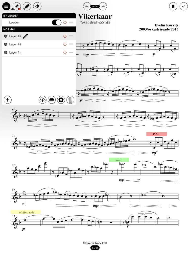 Scoremusic - A view of digital sheet music on the Scoremusic iPad app featuring multiple annotation layers and musical markings