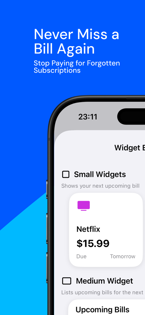 Track Subscription: ManageSubs - App screen showing a small Netflix subscription widget with price and due date