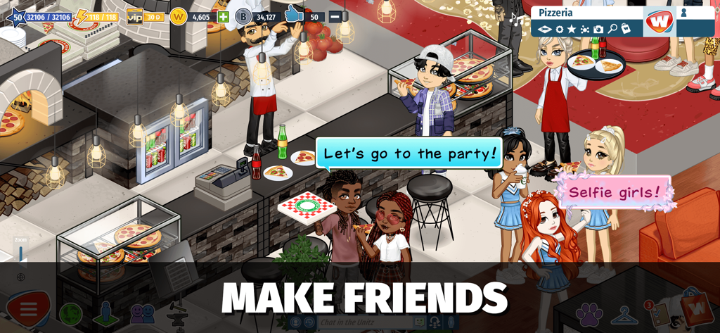 Avatars socializing and chatting in a virtual pizzeria with a Make Friends text overlay
