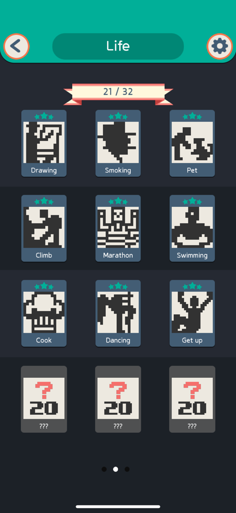 Interfaccia dell'app No2g Nonogram che mostra una galleria di puzzle pixel art completati nella categoria Vita.