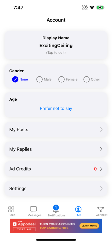 Whisper Secrets - User account interface of Whisper Secrets app with anonymous profile options and menu