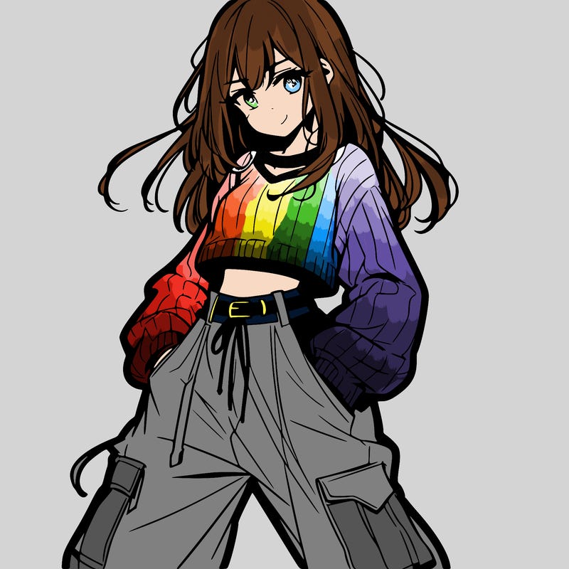 anime teen girl with baggy pants and crop top with sweater