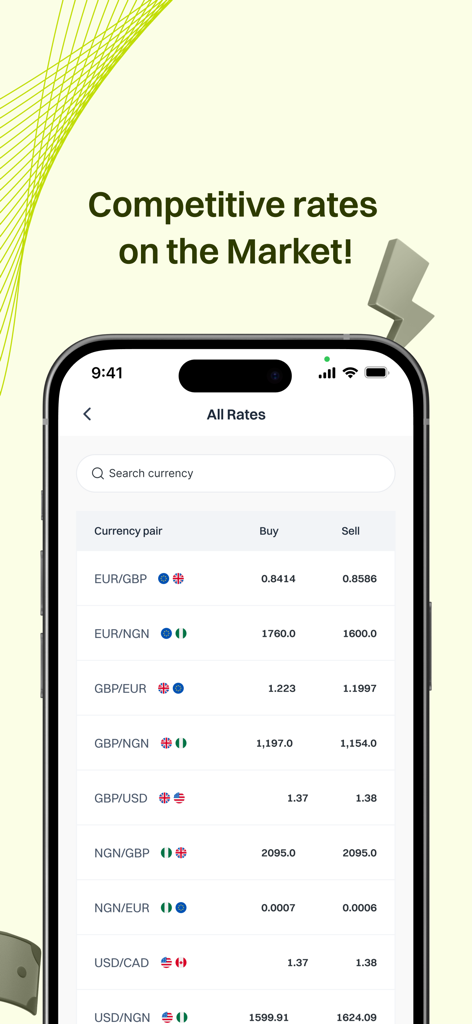 Prune Payments - Mobile app screen displaying competitive international currency exchange rates for various currency pairs