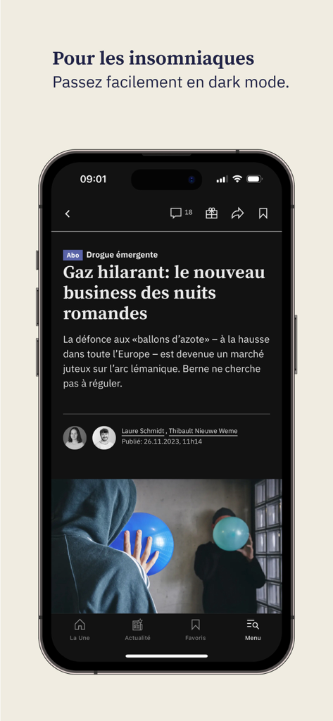 Tribune de Genève News - Interface de l'application Tribune de Genève en mode sombre sur iPhone, affichant un article d'actualité locale
