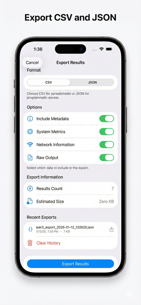 iPerf3 Client & Server - Interface for exporting iPerf3 network test results in CSV or JSON format with metadata and metrics options.