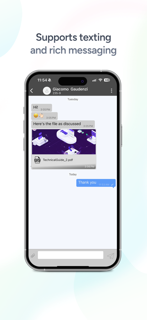 Groundwire: VoIP SIP Softphone - Groundwire app messaging screen showing text conversation and PDF file transfer