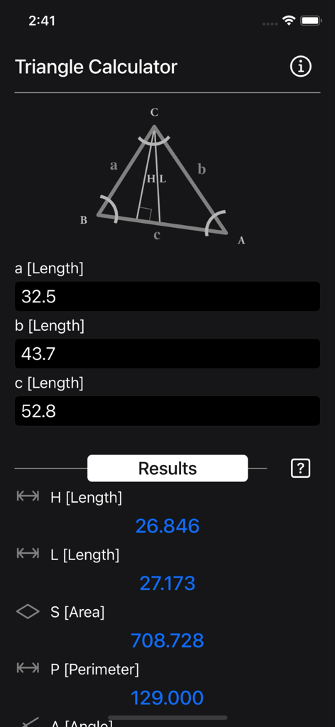 Triangle Calculator Plus - Screenshot of Triangle Calculator Plus showing a triangle diagram with calculated results for height, length, area, and perimeter based on side inputs.
