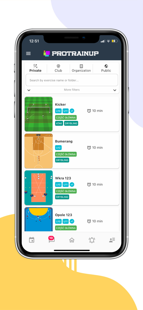 ProTrainUp - ProTrainUp mobile app screen showing a library of sports training drills and exercises with field diagrams and age group filters.