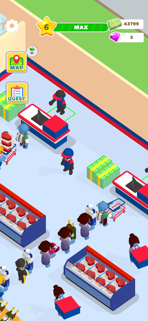 My Dream Store! - Supermarket simulation gameplay in My Dream Store featuring cashiers and customers at checkout