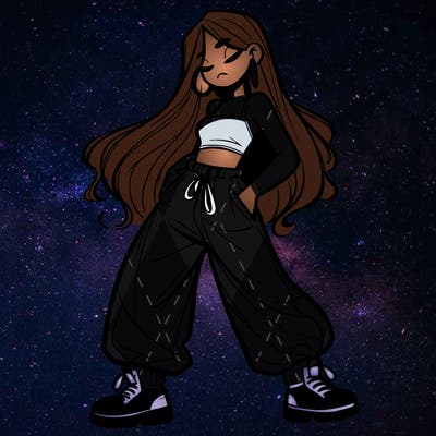 girl in baggy pants crop top and long hair