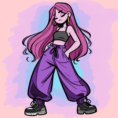 girl in baggy pants crop top and long hair