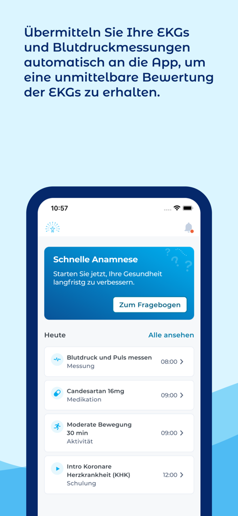 Mobile app interface of iATROS showing a daily health dashboard with blood pressure measurement and medication reminders