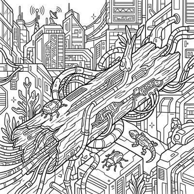 Explore a captivating fusion of nature and technology with this unique coloring page featuring decaying fallen logs intertwined with futuristic cyberpunk elements. Discover intricate details of wiring, robotic creatures, and a sprawling sci-fi cityscape ready for your creative touch.