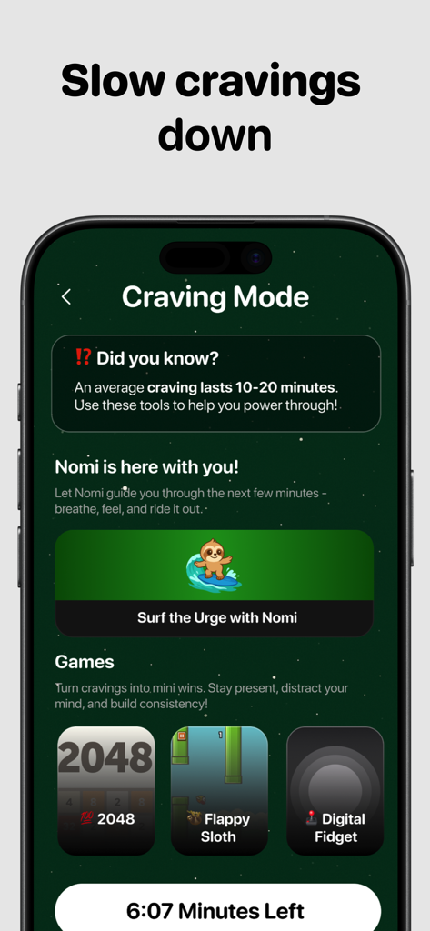 Cravr: Craving Companion - La pantalla del Modo Antojo en la aplicación Cravr que muestra herramientas de "surf" de impulsos y juegos de distracción como 2048 y Flappy Sloth para ayudar a gestionar los antojos de comida