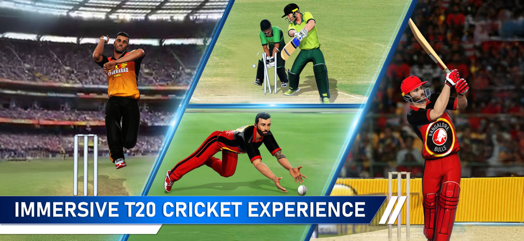 T20 Cricket Champions 3D - Un collage que muestra una jugabilidad inmersiva de críquet en 3D, incluyendo acciones de bateo, lanzamiento y defensa del campo.