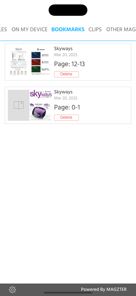 Skyways app bookmarks list showing saved magazine pages