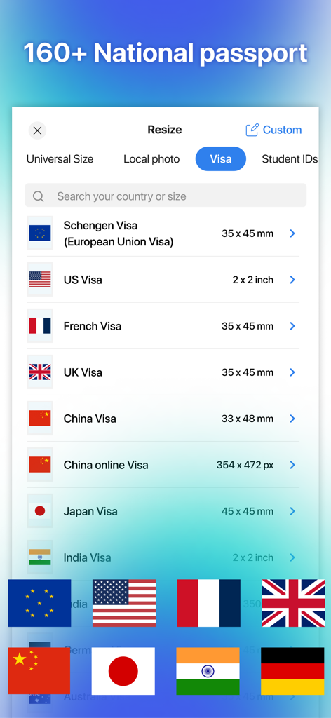 Passport Photo Maker・ID Photo - App interface showing international visa photo size requirements for various countries
