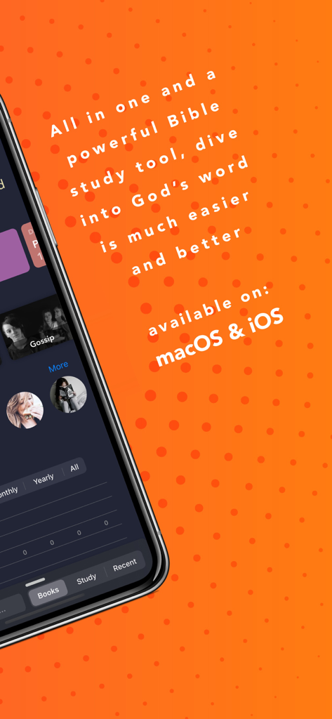 Bible InspiringLife app interface showing study tools and compatibility with macOS and iOS on an orange background
