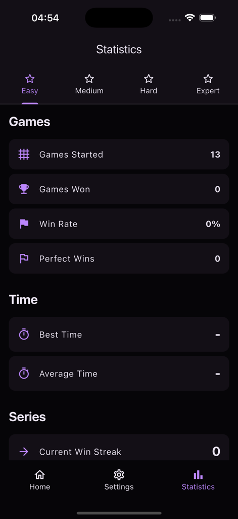 Sudoku game statistics screen displaying progress metrics for easy difficulty level.