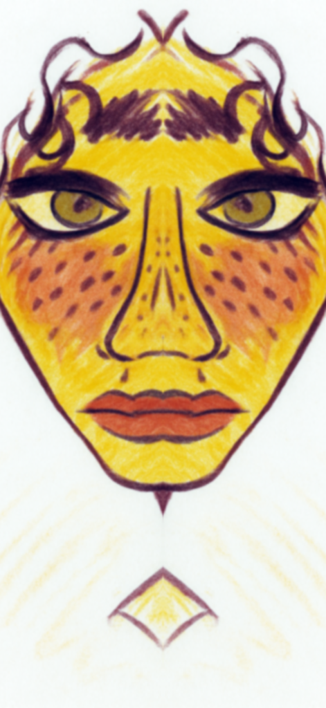Symmetry Painter - Un dibujo simétrico de una cara amarilla estilizada con pecas.