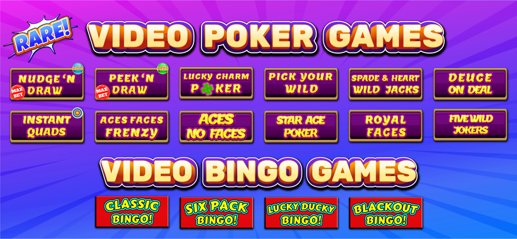 Multi Hand Video Poker & Bingo - Selection screen for various video poker and video bingo games including Lucky Charm Poker and Lucky Ducky Bingo.