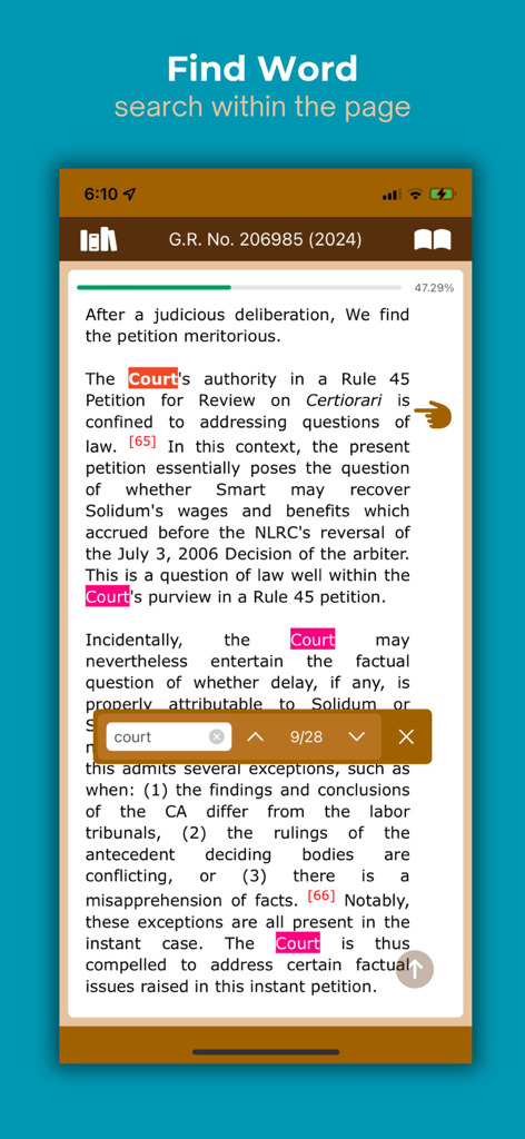 CaseReaderPH - CaseReaderPH app interface showing the find word feature with highlighted search results for court within a legal document.