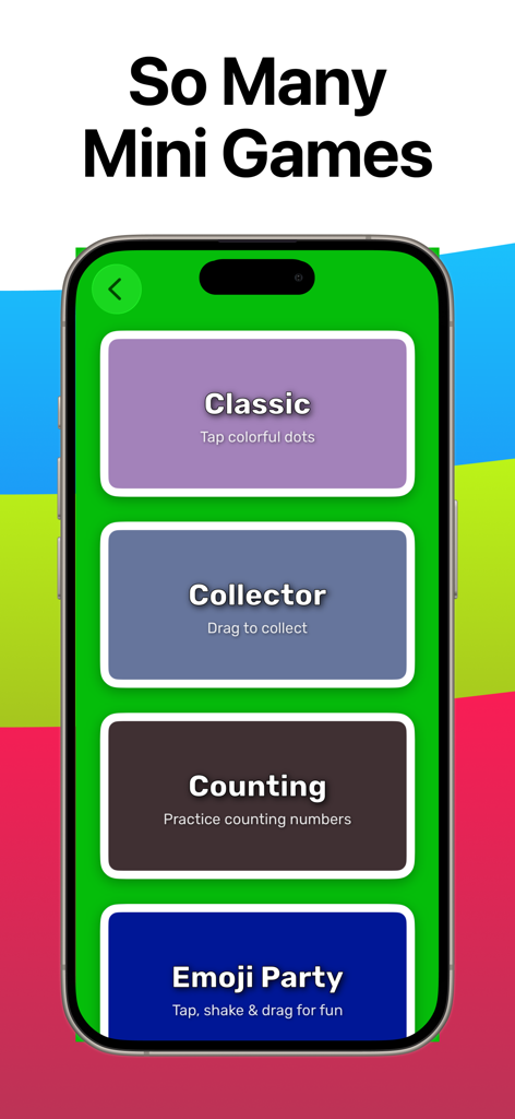 Color Dots for Baby & Infants - Interface do aplicativo Color Dots mostrando um menu com mini jogos como Clássico, Colecionador, Contagem e Festa de Emojis.