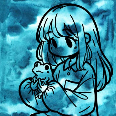 girl with long hair and a oversized shirt. and she is holding a frog