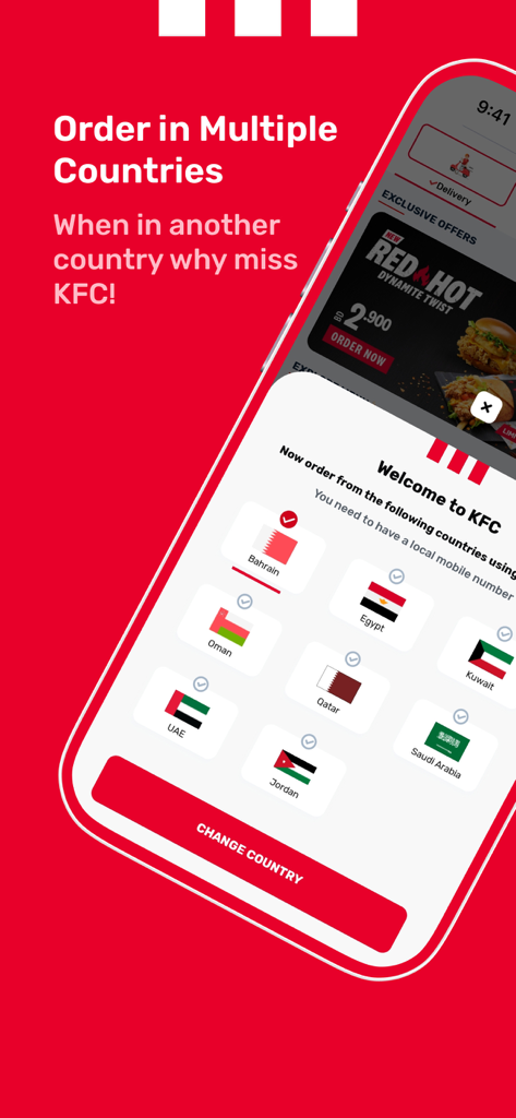 A mobile app interface from KFC allowing users to select their country from a list including Bahrain Egypt and others
