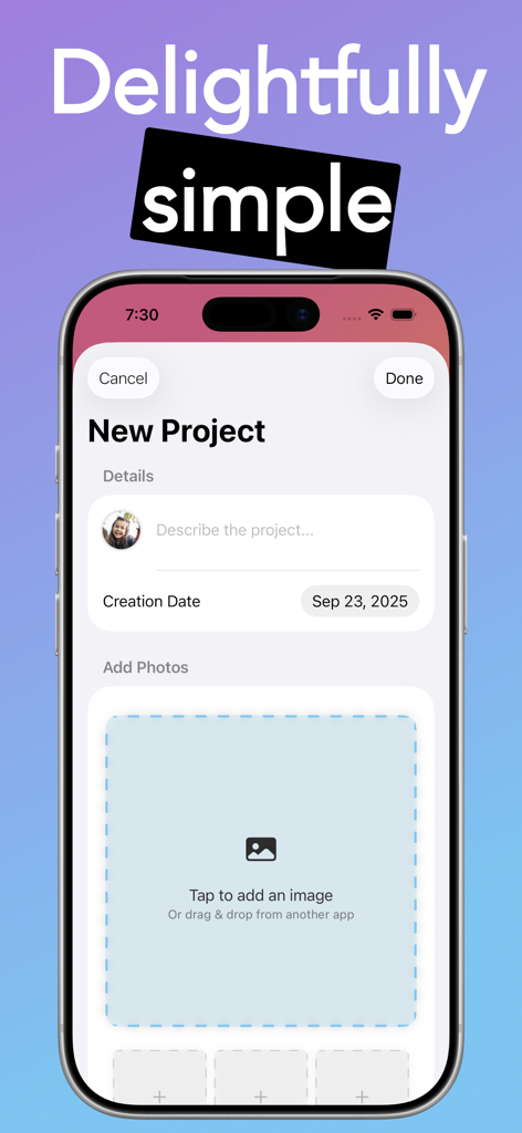User interface for creating a new project and adding kids artwork in the Artbox app