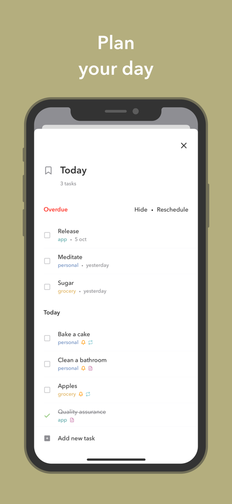Mindlist — To Do List & Tasks - A minimalist smartphone interface showing a daily to-do list with sections for overdue and today tasks
