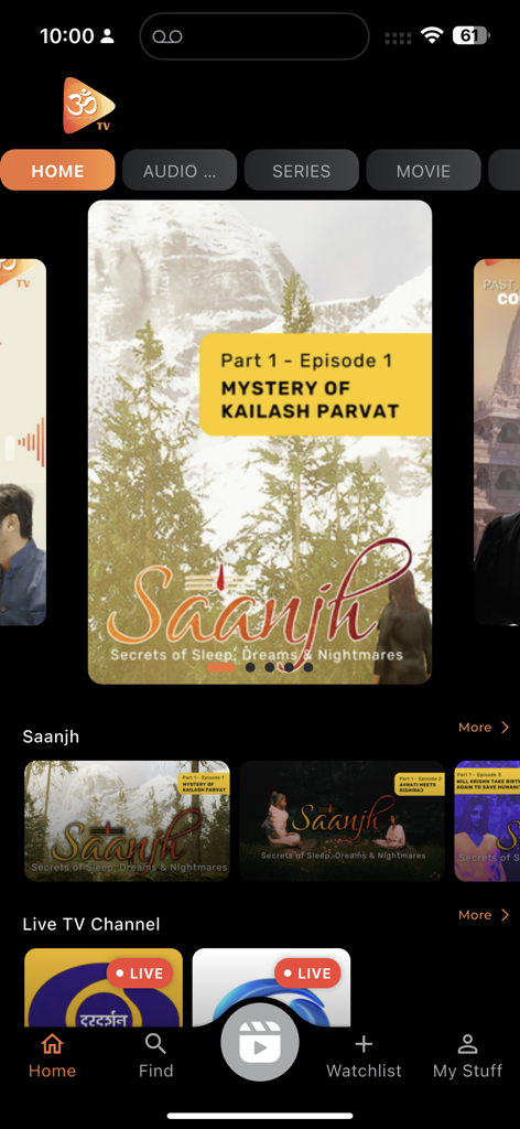 La pantalla de inicio de la aplicación OM TV que muestra películas espirituales y la serie Saanjh.