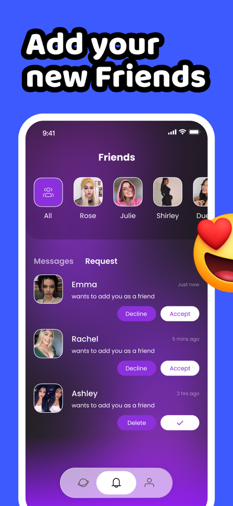 Oops: Short Video Dating - The friend request screen in the Oops dating app showing profile pictures and options to accept or decline new connections.
