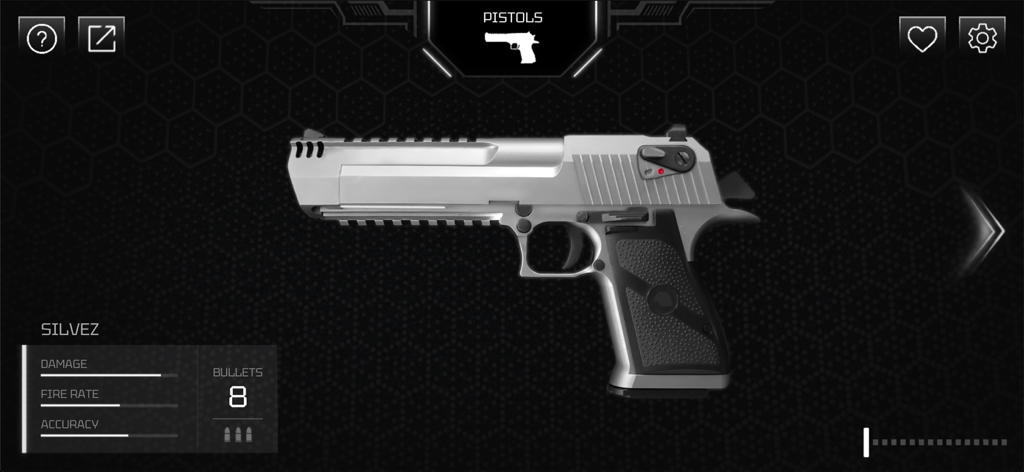 Real Gun - Pistola plateada mostrada en la aplicación Real Gun con estadísticas de daño y cadencia de tiro