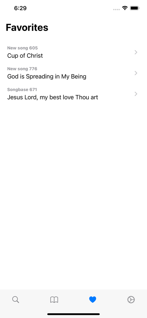 Hymns Mobile - Favorites list in the Hymns Mobile app showing saved Christian songs