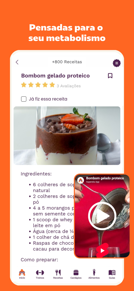 Superela: Exercícios, Receitas - Superela app recipe interface showing a protein treat with ingredients and a video tutorial.