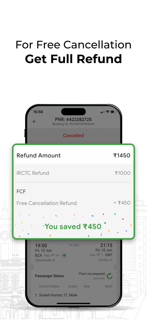 ConfirmTkt: Train Booking App - ConfirmTkt app screen showing full refund details for a cancelled train ticket