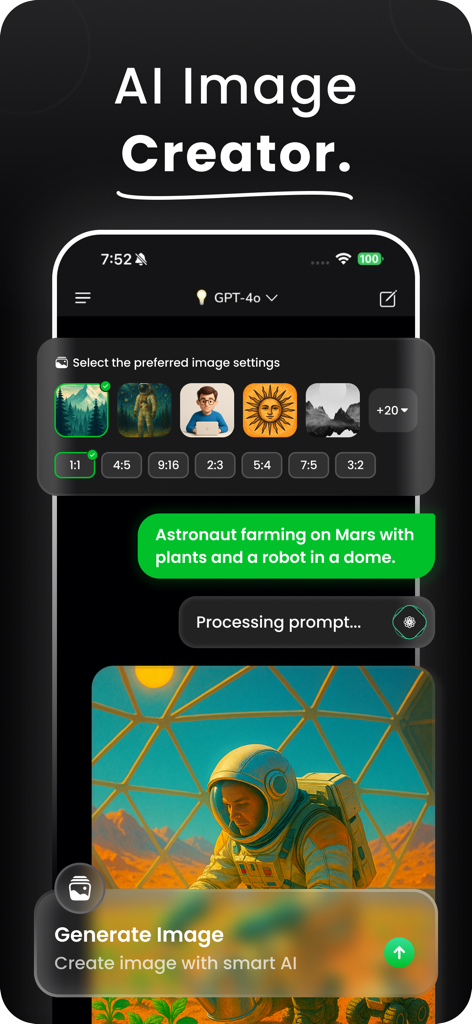 A screenshot of the Gronk AI app showing its AI image generation tool with a prompt for an astronaut on Mars.
