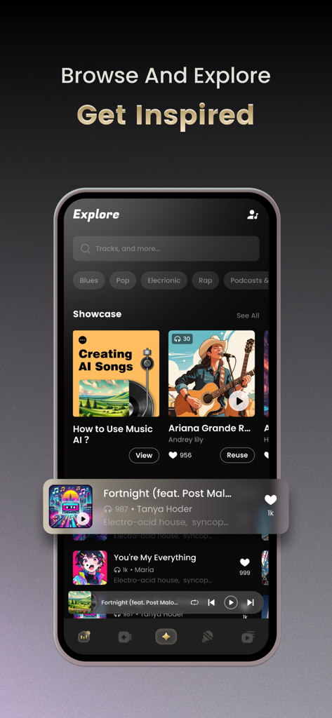 Music AIアプリのインターフェースで、AI生成された音楽や楽曲を閲覧