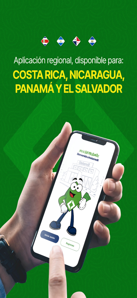 Instacredit - Mão segurando um smartphone exibindo o aplicativo Instacredit, disponível na Costa Rica, Nicarágua, Panamá e El Salvador