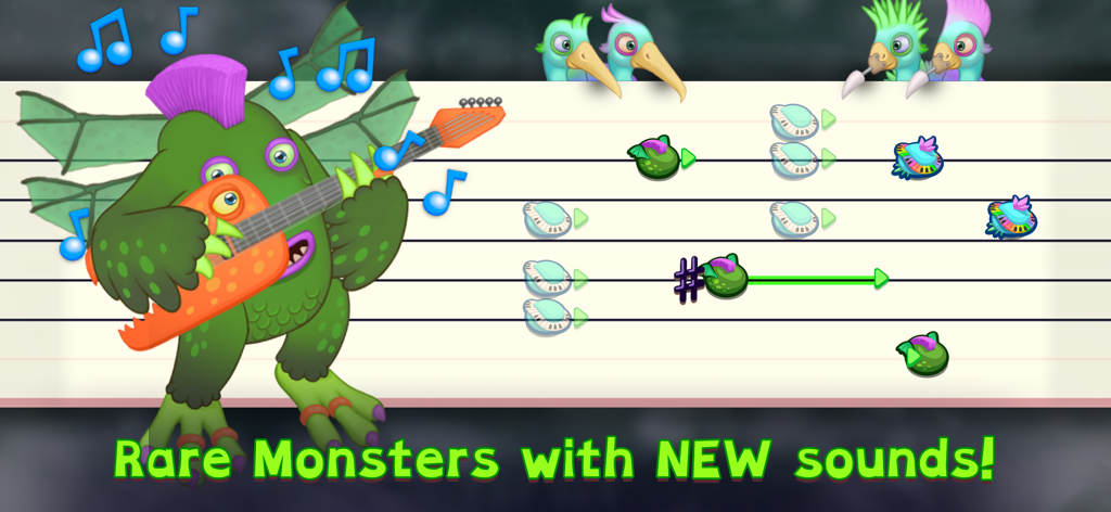 My Singing Monsters Composer - A rare monster playing guitar on a musical staff in the My Singing Monsters Composer app