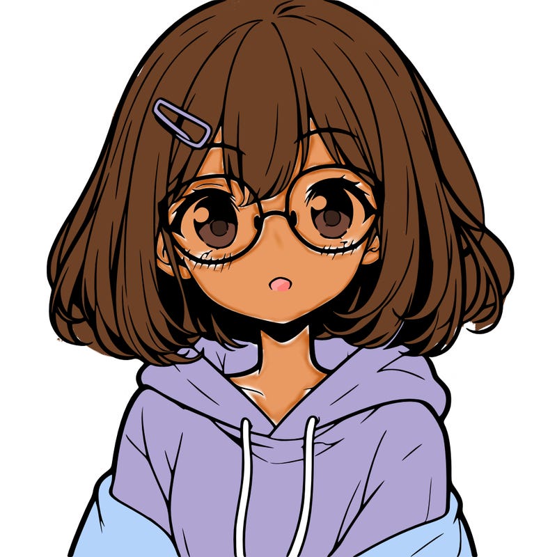cute anime girl with shoulder length hair and glasses wearing a hoodie