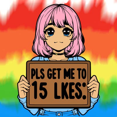realistic girl holding up a sign that says “pls get me to 15 likes!”