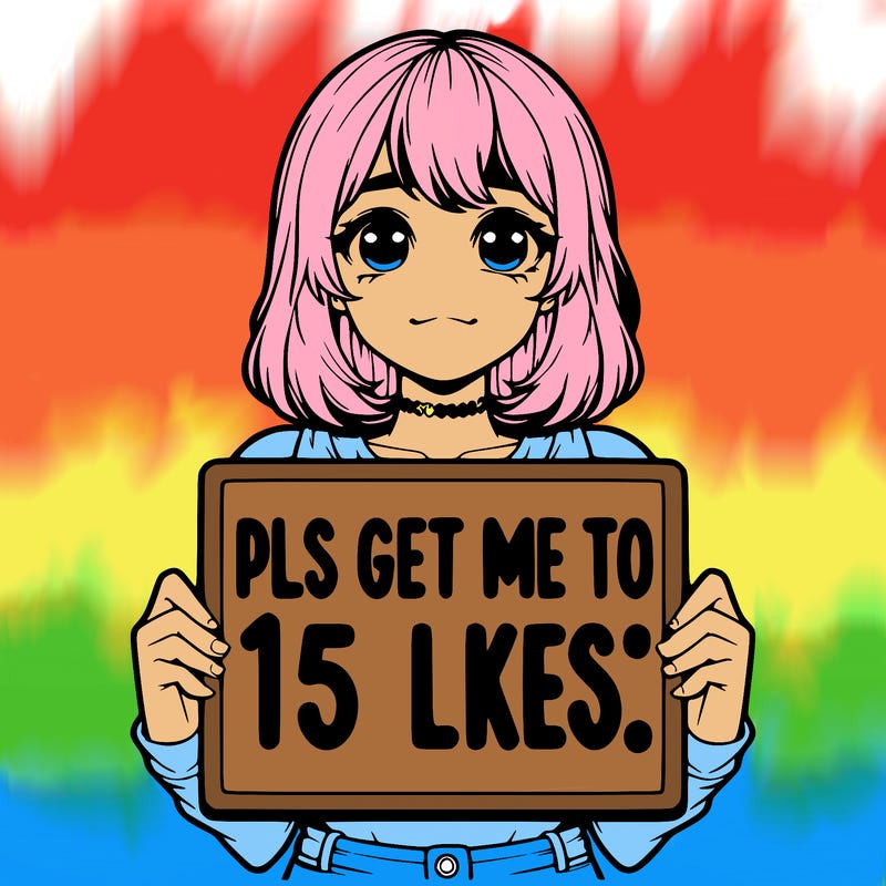 realistic girl holding up a sign that says “pls get me to 15 likes!”