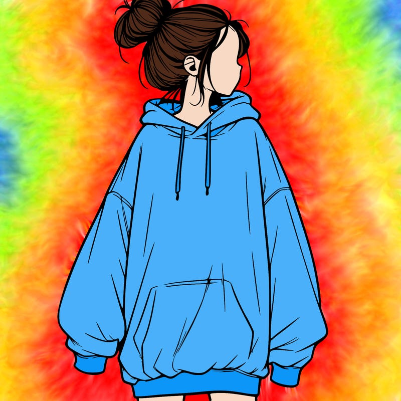 realistic girl with a oversized sweatshirt on and a bun