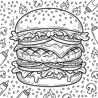 Get ready to color a mouth-watering masterpiece with our Classic Beef Patty Burger coloring page! This detailed illustration captures all the delicious layers, from grilled patties to fresh toppings, perfect for foodies and art lovers alike.