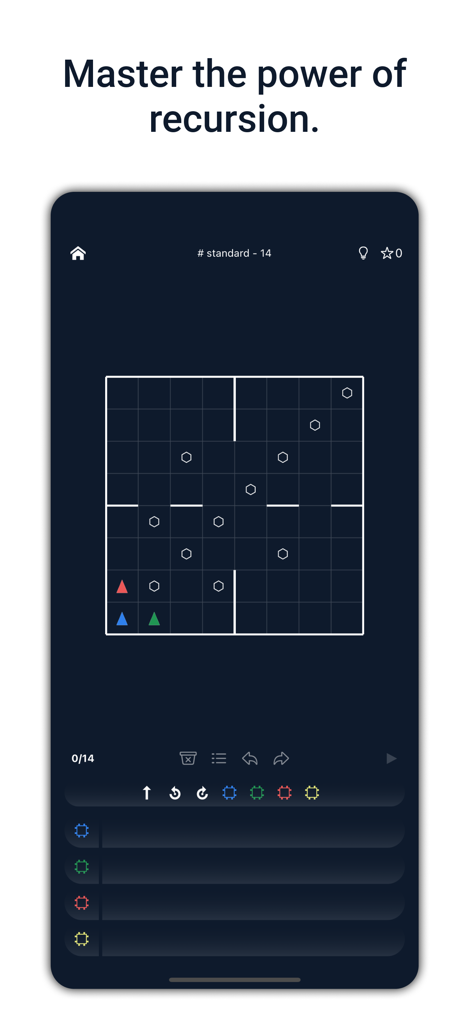 A logic puzzle level interface in the Recursive app showing a grid with robots and programming instructions