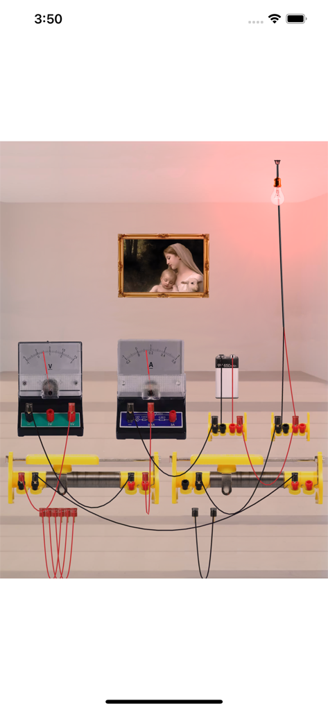 Virtuelle Schaltungssimulation mit Voltmeter, Amperemeter und glühender Glühbirne in einer Physiklaborumgebung