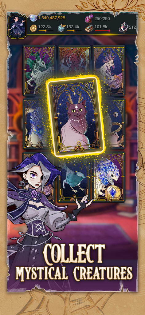 A witch character displaying a selection of magical creature cards to collect